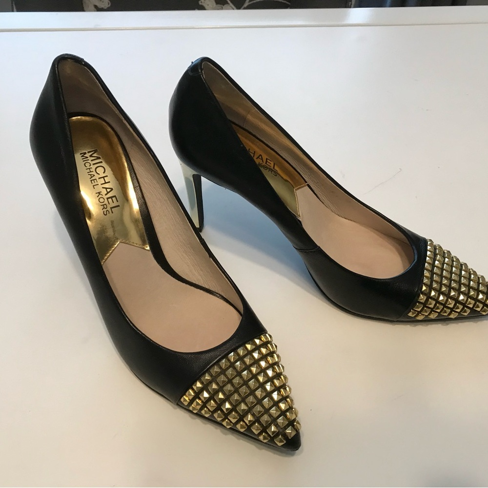 Michael Kors Black and Gold Pyramid Stud Heels